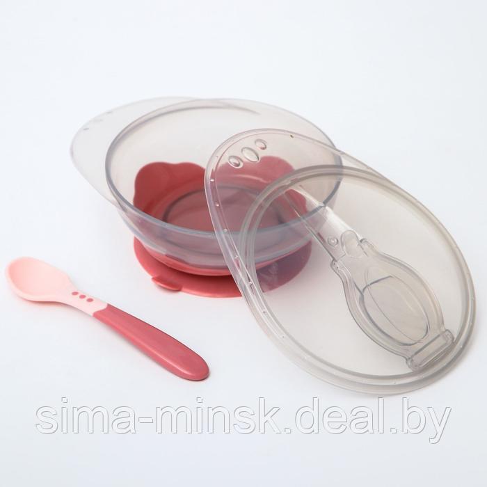 Набор для кормления: миска на присоске, с крышкой + ложка, цвет розовый - фото 3 - id-p199560836