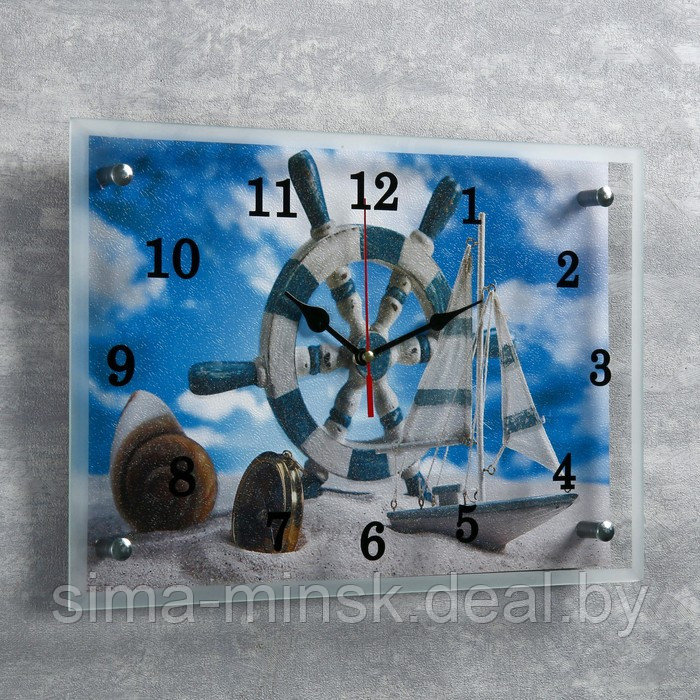 Часы настенные, серия: Море, "Штурвал и яхта на песке", 25х35 см - фото 2 - id-p199556011