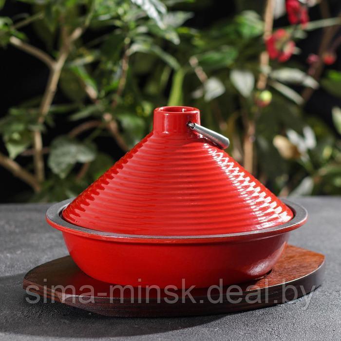 Сковорода-тажин чугунная с доской для подачи, 23,5×16 см, цвет красный - фото 1 - id-p199564039