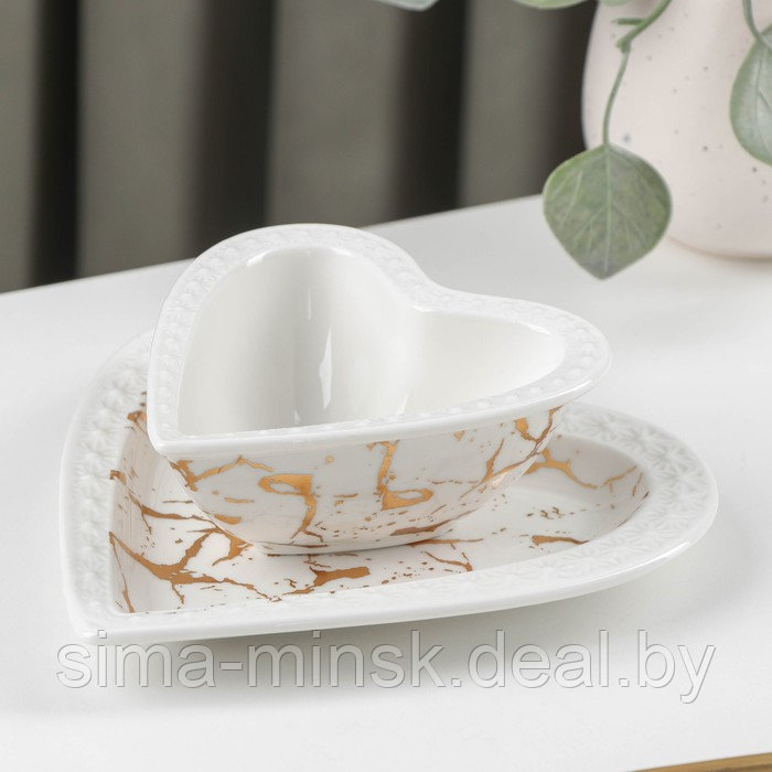 Набор керамический столовый «Марбл», 2 предмета: салатник 150 мл, блюдо 16,5×17×2 см, цвет белый - фото 1 - id-p199564809