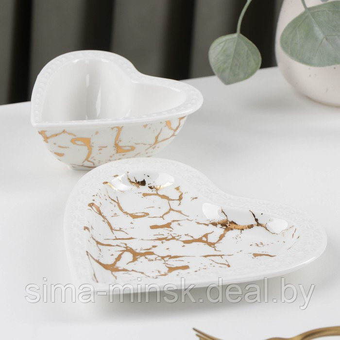 Набор керамический столовый «Марбл», 2 предмета: салатник 150 мл, блюдо 16,5×17×2 см, цвет белый - фото 2 - id-p199564809