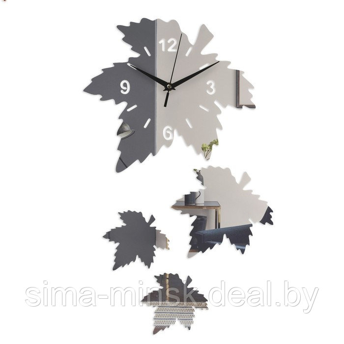 Часы-наклейка "Кленовый лист", часы 25 х 28 см, композиция 56 х 33 см, 1 АА, серебро - фото 1 - id-p199556306