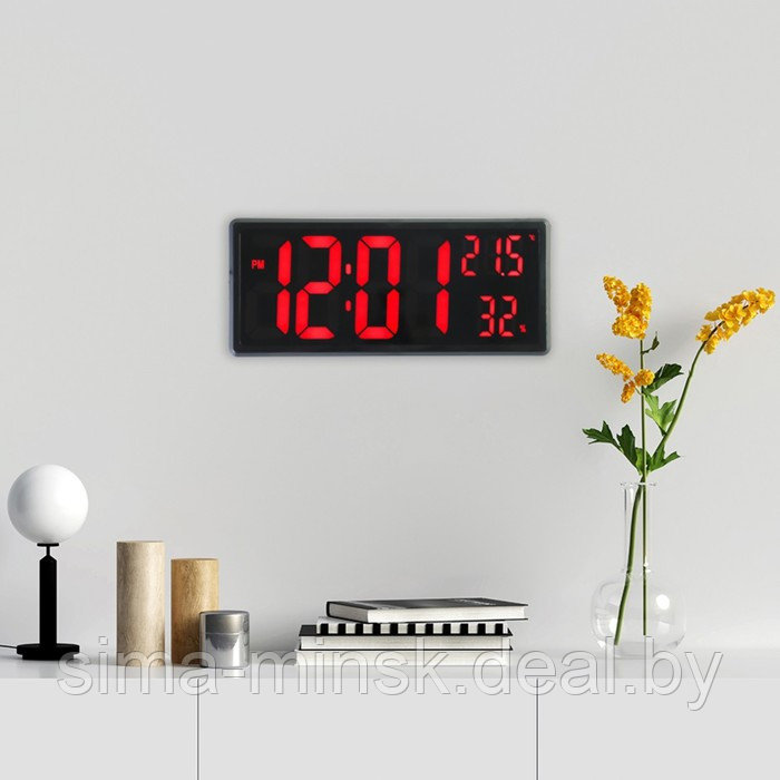 Часы электронные настенные, настольные, с будильником, 36 х 15 х 3 см, красные цифры - фото 2 - id-p199556318