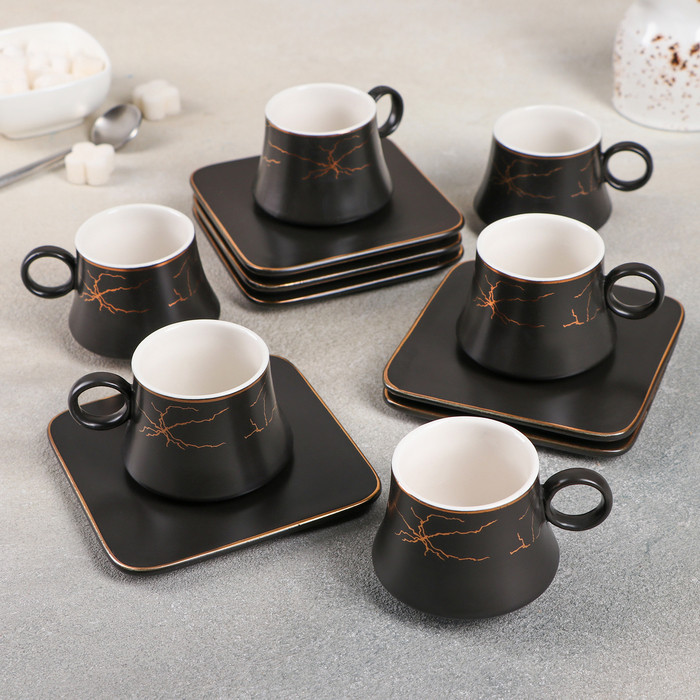 Набор керамический кофейный «Мейси», 12 предметов: 6 чашек 100 мл, 6 блюдец d=11 см, цвет чёрный - фото 1 - id-p199590433