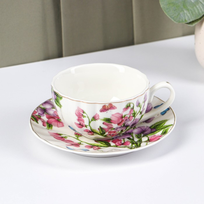 Чайная пара керамическая Доляна «Колокольчики», 2 предмета: чашка 250 мл, блюдце d=15 см, цвет белый - фото 1 - id-p199590888