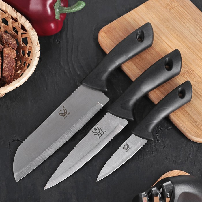 Набор кухонных ножей «Энеолит», 3 предмета: лезвие 8,5 см, 15 см, 17 см, цвет чёрный - фото 1 - id-p199596717