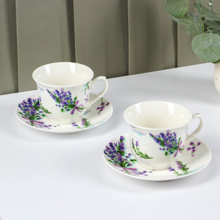 Набор фарфоровый чайный Доляна «Лаванда», 4 предмета: 2 чашки 220 мл, 2 блюдца d=14,2 см, цвет белый - фото 1 - id-p199590936