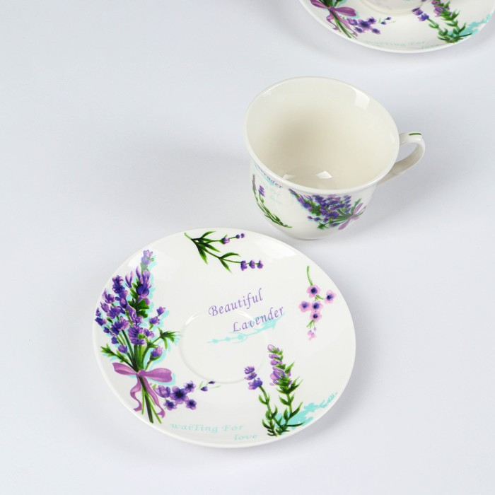 Набор фарфоровый чайный Доляна «Лаванда», 4 предмета: 2 чашки 220 мл, 2 блюдца d=14,2 см, цвет белый - фото 2 - id-p199590936
