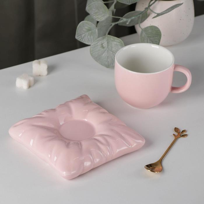 Чайная пара керамическая с ложкой «Зефирка», 2 предмета: чашка 250 мл, блюдце d=13 см, цвет розовый - фото 2 - id-p199590947
