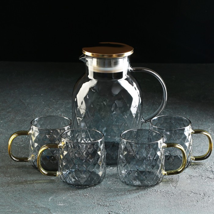Набор питьевой из стекла Magistro «Дарк. Ромб», 5 предметов: кувшин 1,6 л, 4 кружки 350 мл, цвет серый - фото 1 - id-p199596810