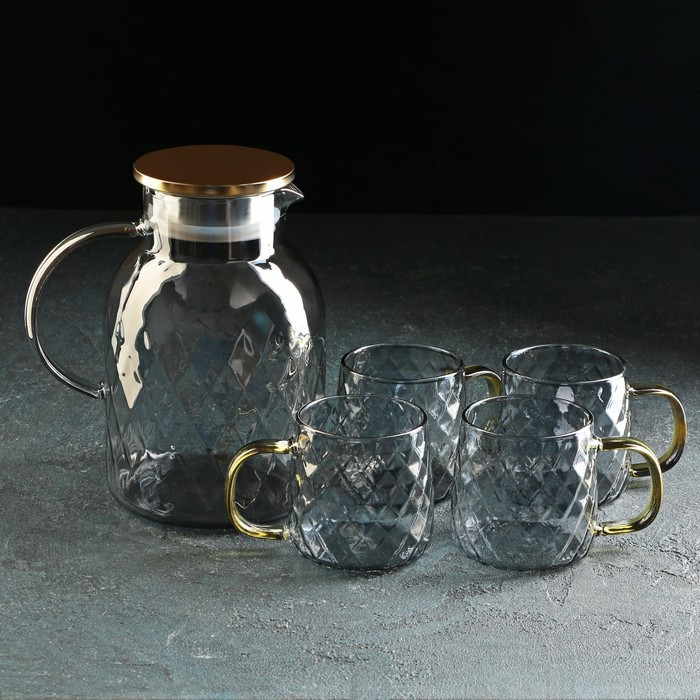 Набор питьевой из стекла Magistro «Дарк. Ромб», 5 предметов: кувшин 1,6 л, 4 кружки 350 мл, цвет серый - фото 2 - id-p199596810