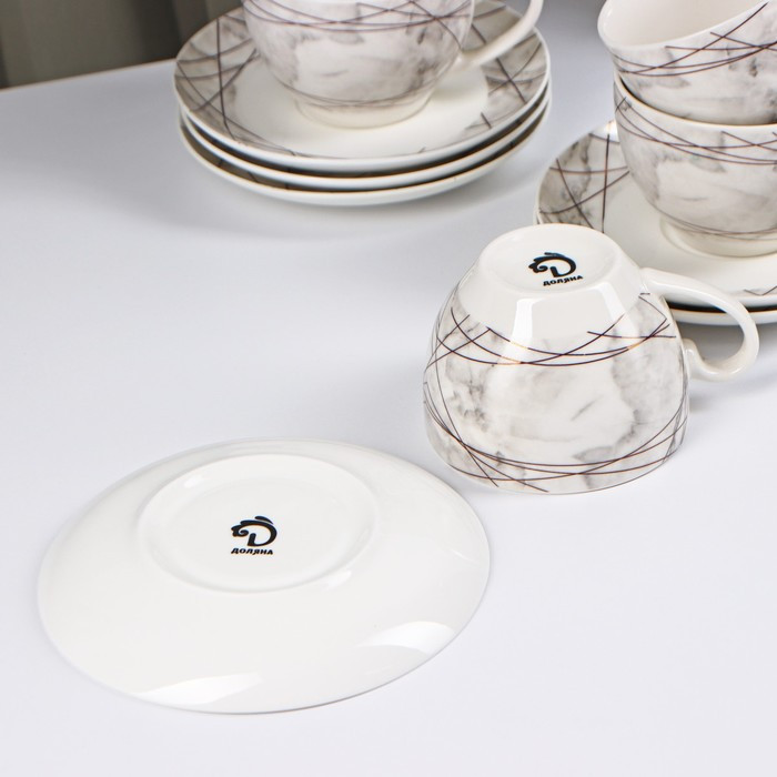 Сервиз фарфоровый чайный Доляна «Мрамор», 12 предметов: 6 чашек 280 мл, 6 блюдец d=15 см, цвет серый - фото 3 - id-p199590985