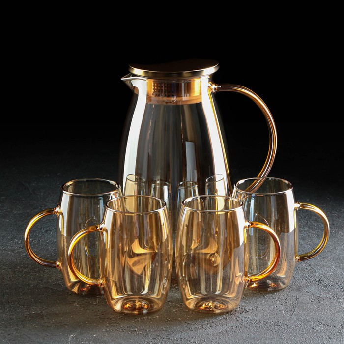Набор питьевой из стекла Magistro «Голден», 5 предметов: кувшин 1,8 л, 4 кружки 300 мл, цвет золотой - фото 1 - id-p199596821