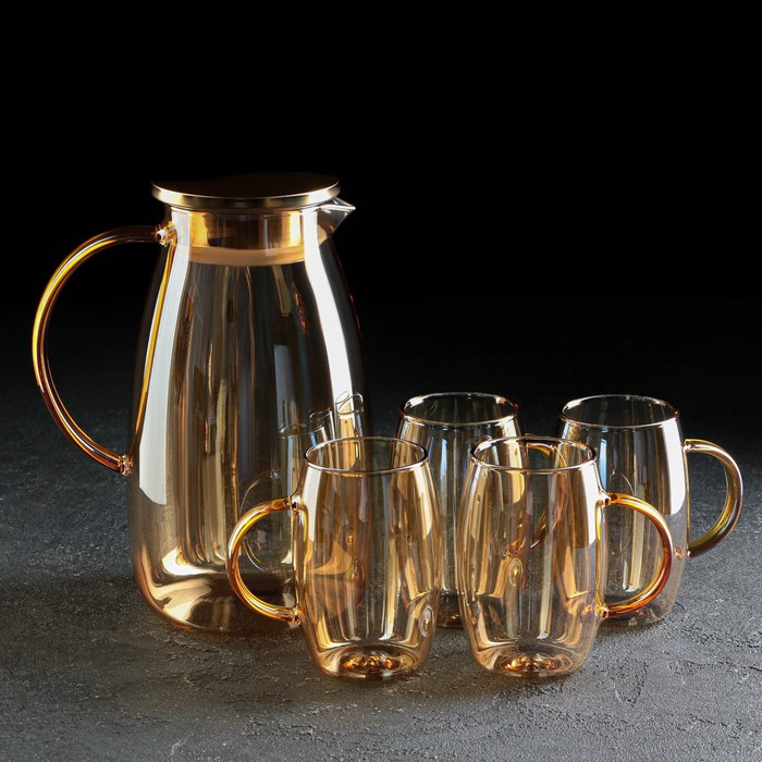 Набор питьевой из стекла Magistro «Голден», 5 предметов: кувшин 1,8 л, 4 кружки 300 мл, цвет золотой - фото 2 - id-p199596821