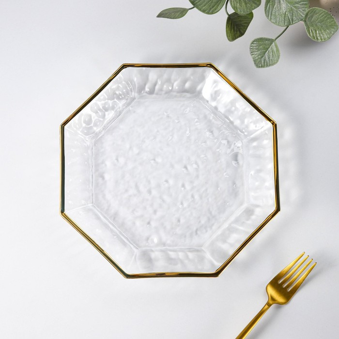 Тарелка стеклянная сервировочная «Иней. Золото», d=24,5 см, цвет прозрачный с золотой отводкой - фото 1 - id-p199593067