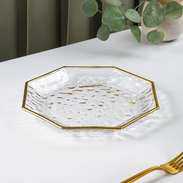 Тарелка стеклянная сервировочная «Иней. Золото», d=24,5 см, цвет прозрачный с золотой отводкой - фото 2 - id-p199593067