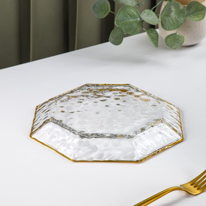 Тарелка стеклянная сервировочная «Иней. Золото», d=24,5 см, цвет прозрачный с золотой отводкой - фото 3 - id-p199593067