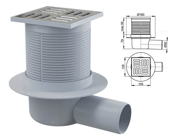 Сливной трап 105х105/50, подводка-боковая, решетка-нерж.сталь, гидрозатвор-комбинированый, Alcaplast