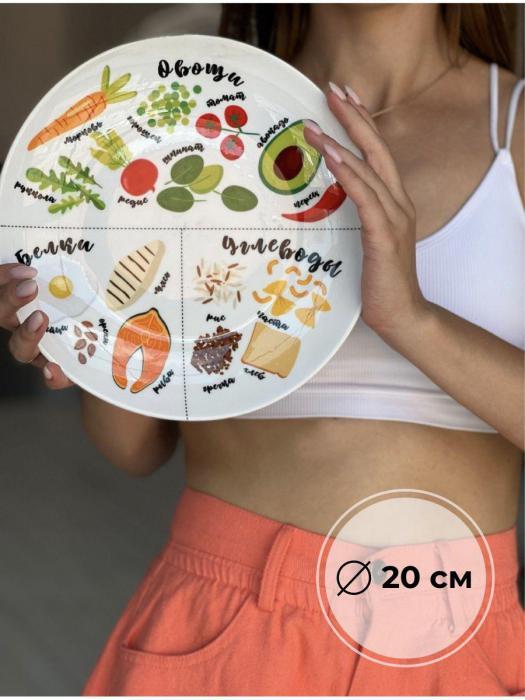 Тарелка для похудения и правильного питания обеденная плоская белая с рисунком