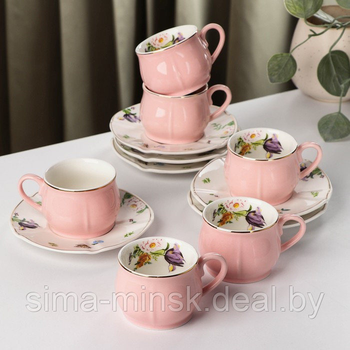 Сервиз керамический кофейный «Сирена», 12 предметов: 6 чашек 100 мл, 6 блюдец 12 см, цвет розовый - фото 4 - id-p199622718