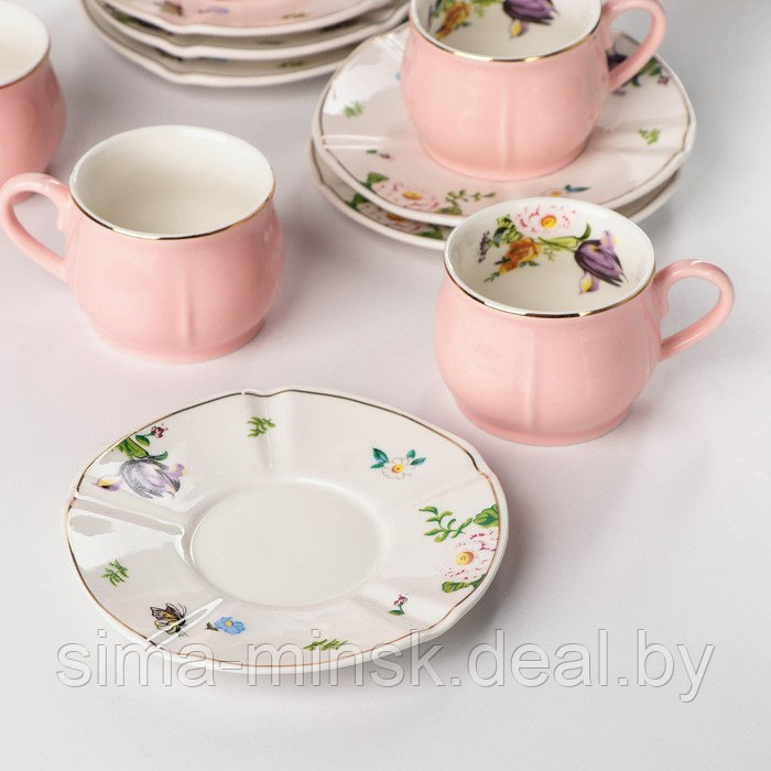 Сервиз керамический кофейный «Сирена», 12 предметов: 6 чашек 100 мл, 6 блюдец 12 см, цвет розовый - фото 3 - id-p199622718