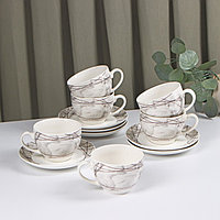 Сервиз фарфоровый чайный Доляна «Мрамор», 12 предметов: 6 чашек 280 мл, 6 блюдец d=15 см, цвет серый