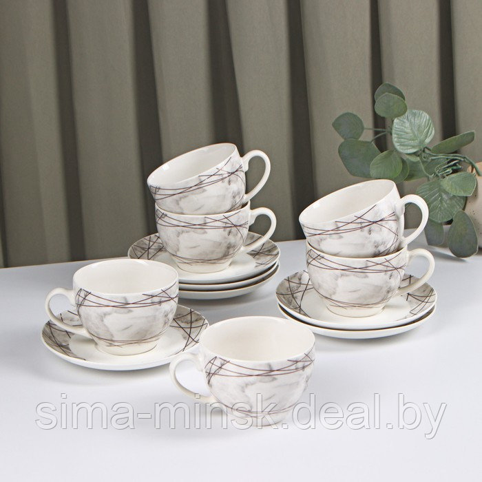 Сервиз фарфоровый чайный Доляна «Мрамор», 12 предметов: 6 чашек 280 мл, 6 блюдец d=15 см, цвет серый - фото 1 - id-p199622740