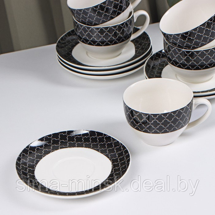 Сервиз фарфоровый чайный Доляна «Марокко», 12 предметов: 6 чашек 280 мл, 6 блюдец d=15 см, цвет белый и чёрный - фото 2 - id-p199622741