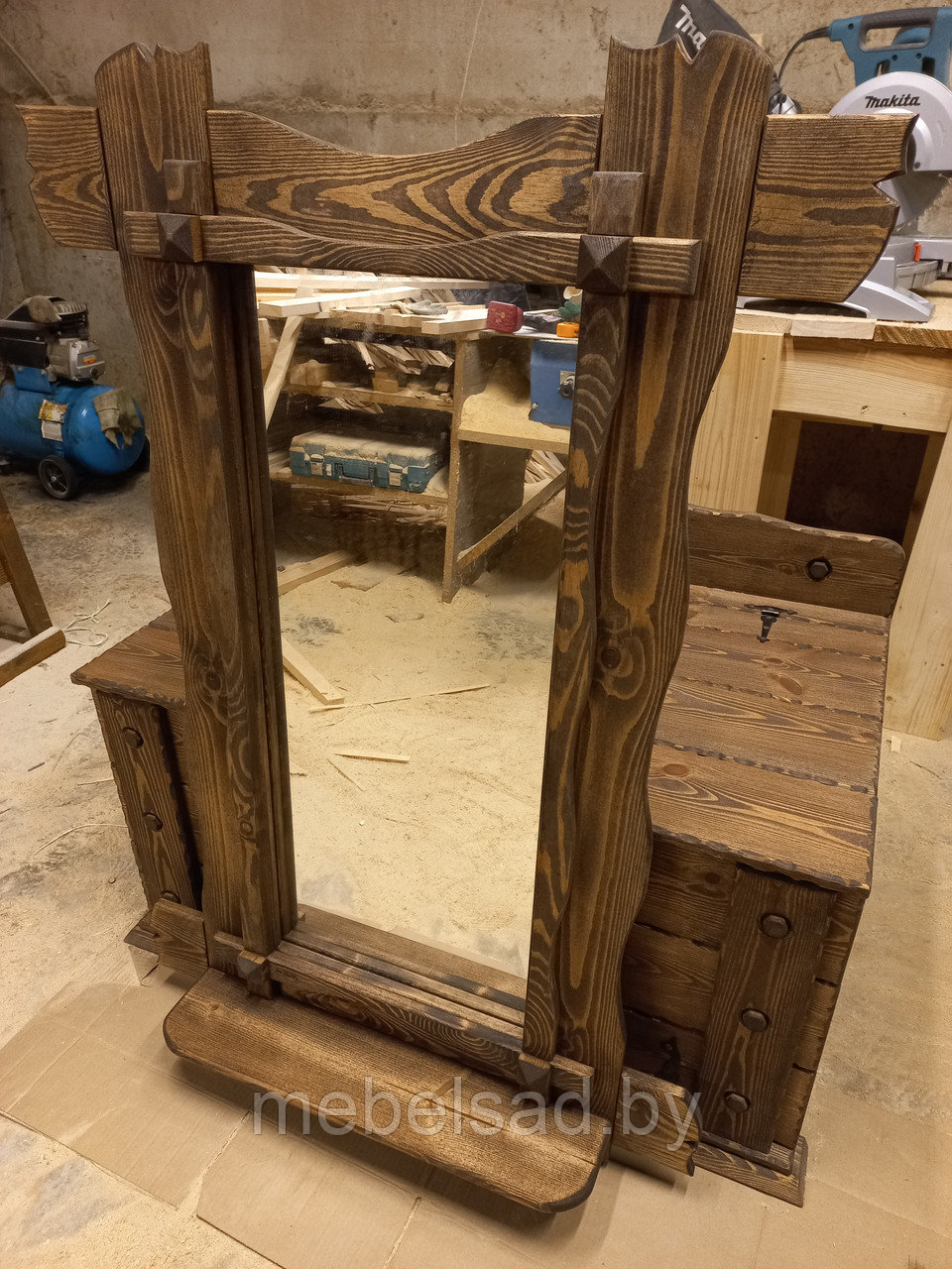 Зеркало настенное с полкой деревянное "Под Старину №1" - фото 4 - id-p199629470