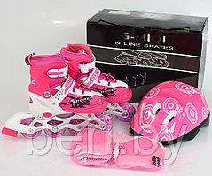 Ролики 33-37, роликовые коньки детские с комплектом защиты и шлемом раздвижные, полиуретановые колеса, розовые