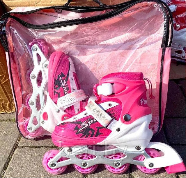 Ролики 33-37, роликовые коньки детские с комплектом защиты и шлемом раздвижные, полиуретановые колеса, розовые - фото 2 - id-p199666739