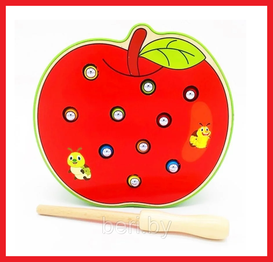 365 Магнитная рыбалка деревянная "Яблоко с червячками", детская развивающая игрушка