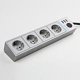 Розеточный блок 4-х местный + 3 USB серебряный/серебряный рифленый, фото 5