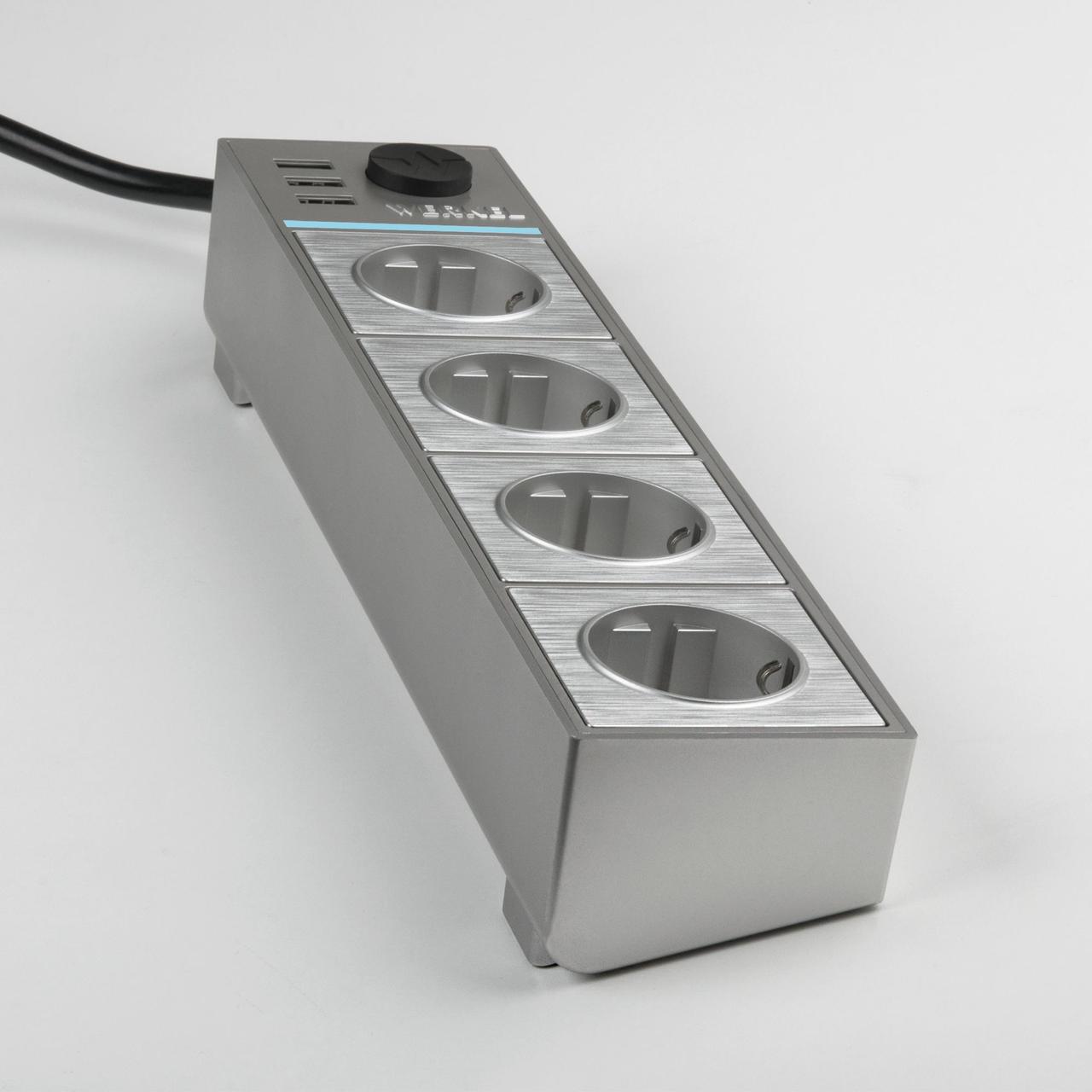 Розеточный блок 4-х местный + 3 USB серебряный/серебряный рифленый - фото 6 - id-p199665380