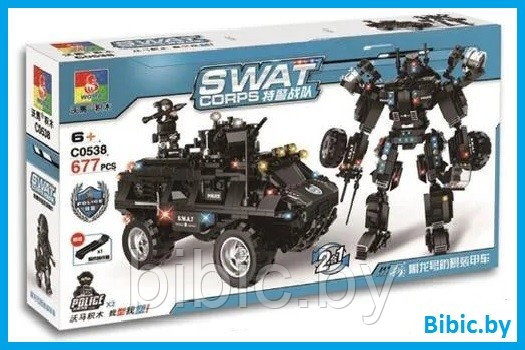 Детский конструктор 2 в 1 Swat полиция спецназ 0538 Джип машинка робот, серия сити аналог лего lego - фото 1 - id-p199673232