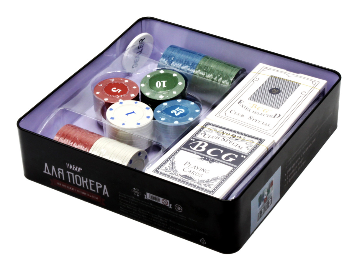 Фабрика Покера: Набор из 100 фишек с номиналом для покера с картами в жестяной коробке - фото 2 - id-p199681319