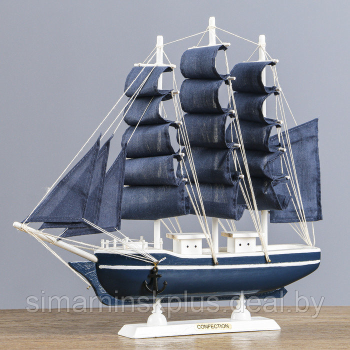 Корабль сувенирный средний «Калева», борта синие с белой полосой, паруса синие, 30х7х32 см - фото 2 - id-p199794464