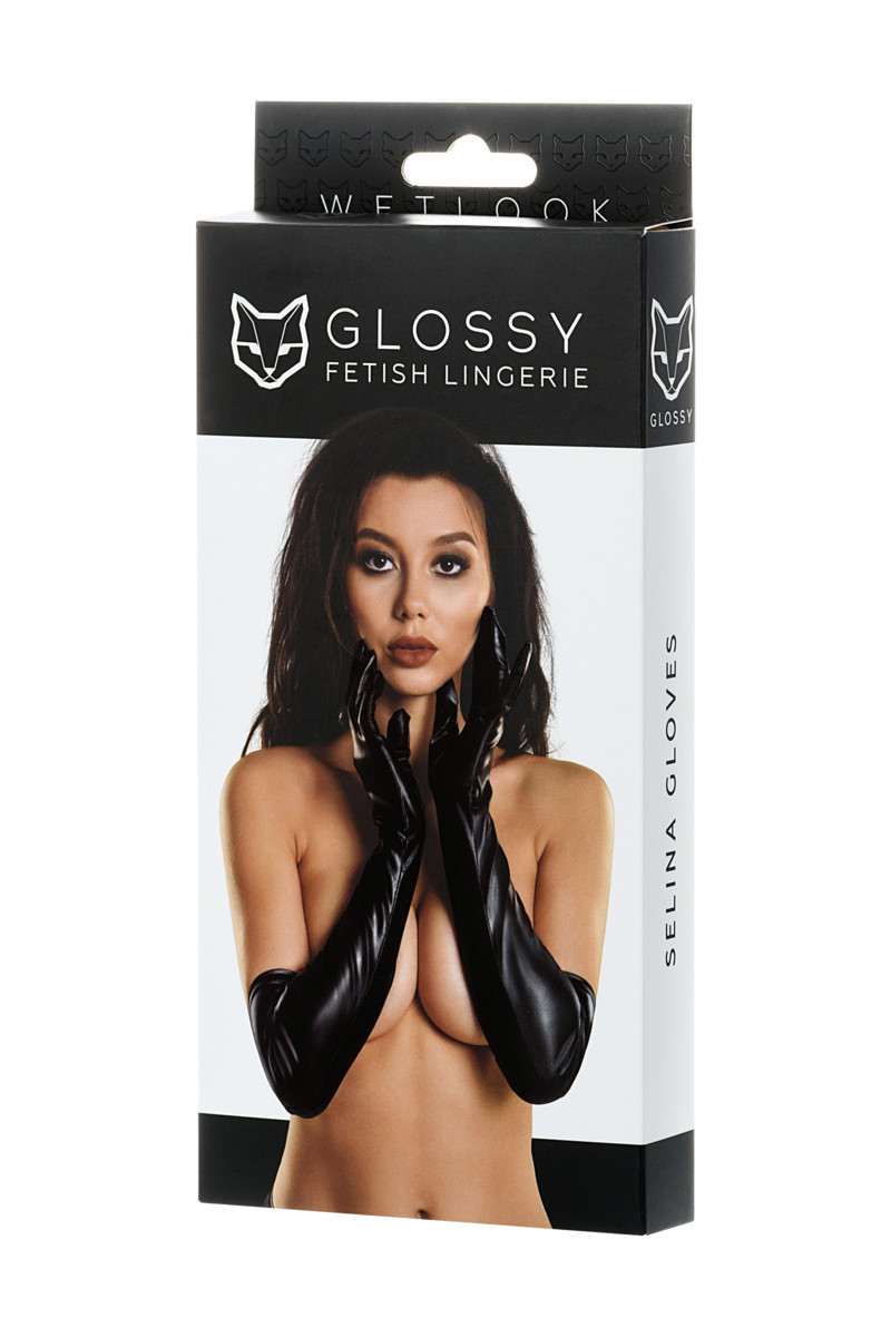 Черные перчатки Glossy из материала Wetlook выше локтя размер L - фото 4 - id-p199804929