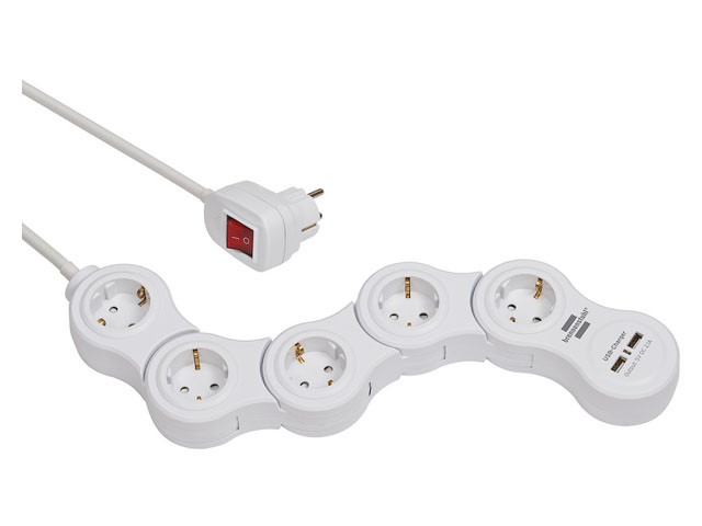 Удлинитель 1.4м (5 роз., 3.3кВт, с/з, 2 USB, выкл., ПВС) гибкий, белый, Brennenstuhl Vario Power (провод - фото 1 - id-p199810497