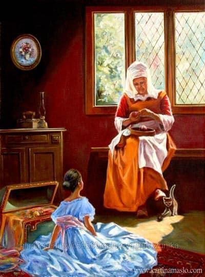 Бабушкины сказки. Картина, живопись маслом на холсте - фото 1 - id-p199867062