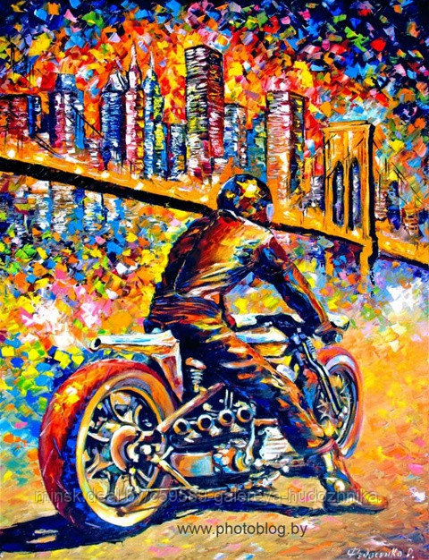 Мотоцикл на картине, мото-арт. Живопись мастихином. Подарок мотоциклисту - фото 1 - id-p199867094