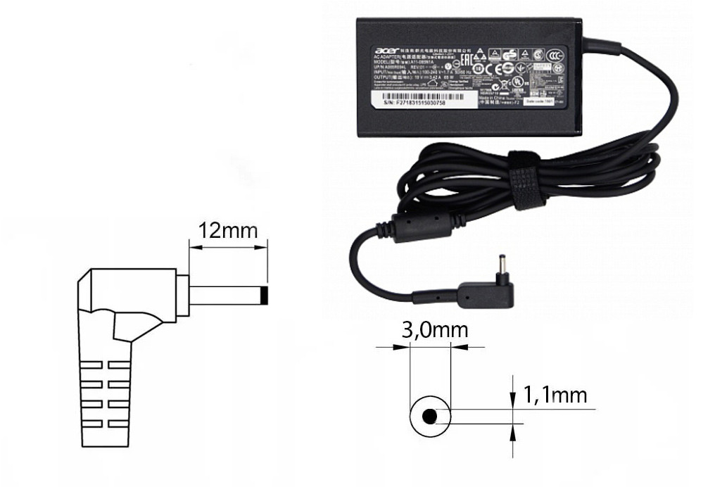Оригинальная зарядка (блок питания) для ноутбука Acer A11-065N1A, 65W, штекер 3.0x1.1мм (new type) - фото 1 - id-p199993355