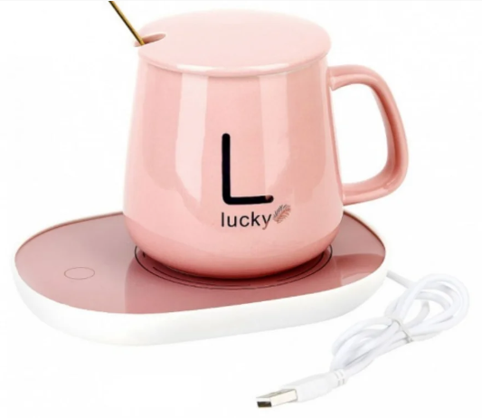 Керамическая чашка с ложкой для горячих напитков, с подогревом до 55 градусов от розетки Розовый - фото 1 - id-p200081465