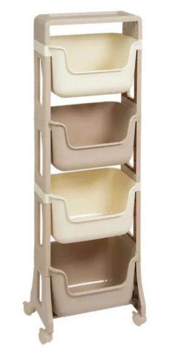 Этажерка для ванной кухни на колесиках пластиковая напольная VS38 4-х ярусная бежевая с ящиками - фото 1 - id-p200064534
