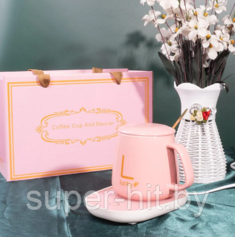 Керамическая чашка с ложкой для горячих напитков, с подогревом до 55 градусов от розетки Розовый - фото 5 - id-p200121417