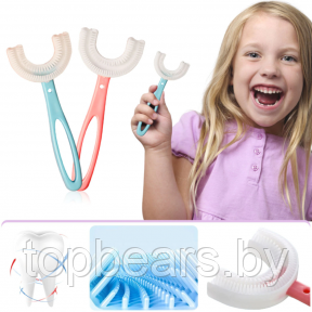 Детская силиконовая зубная U-образная щетка (с 2 до 6 лет) Голубая (длинная ручка овал) - фото 1 - id-p200155777