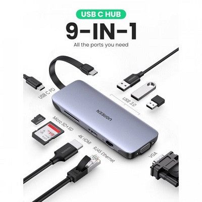 Хаб UGREEN CM286-70409 Type C to 3 USB 3.0 + HDMI(4K@30Hz) + VGA + RJ45(Gigabit) + SD/Micro SD + USB-C - фото 2 - id-p200156714