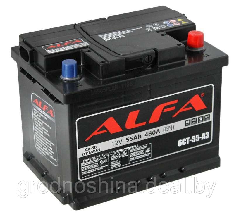 Аккумулятор 55ah Alfa 6СТ-55 Hybrid, 480a (- +), 242х175х190 мм. - фото 1 - id-p193078408