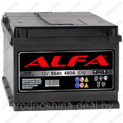 Аккумулятор 55ah Alfa 6СТ-55 Hybrid, 480a (+ -), 242х175х190 мм. - фото 1 - id-p200157213