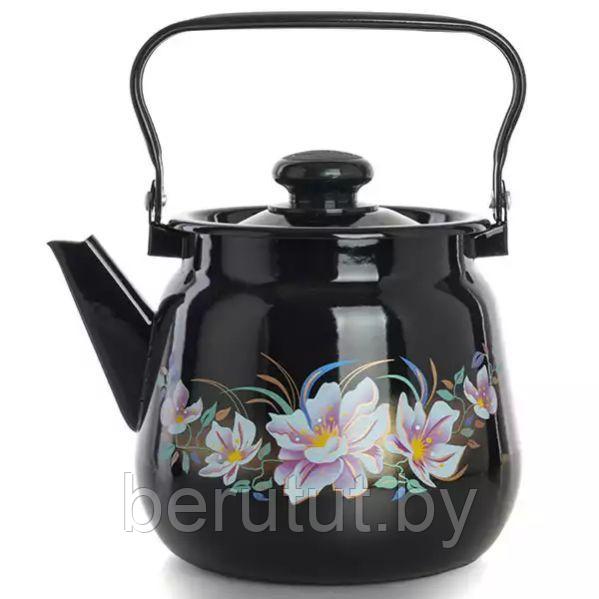 Чайник эмалированный чёрный с рисунком цветы 3.5 л - фото 1 - id-p200224233